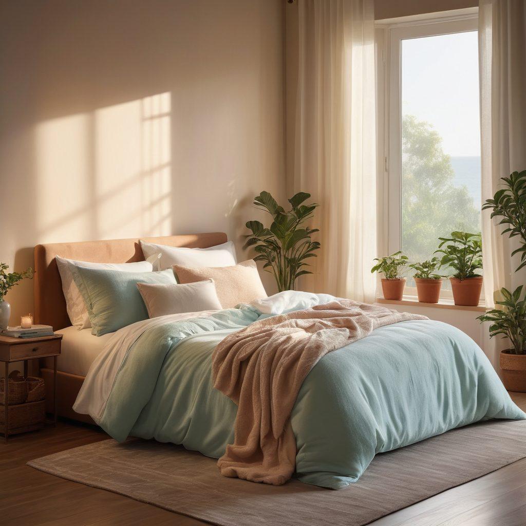 A serene bedroom scene featuring a luxurious, water-filled mattress with cozy, fluffy blankets and soft pillows. Ambient light filters through sheer curtains, creating a calming atmosphere. Small potted plants add a touch of nature, while gentle waves are subtly depicted on the mattress surface, symbolizing comfort. The overall vibe is tranquil and inviting, encouraging relaxation. super-realistic. soft pastels. warm lighting.