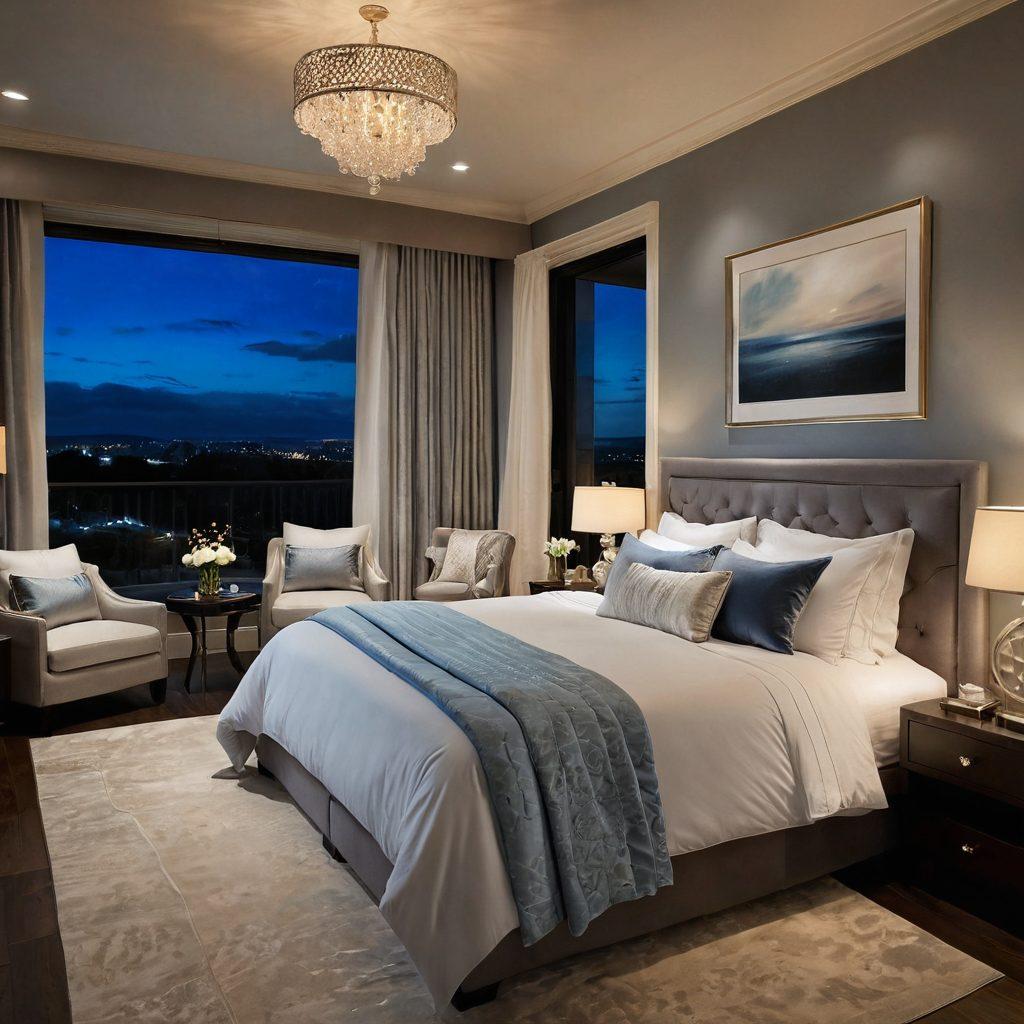 An inviting, serene bedroom featuring a luxurious sleep system, including a plush bed with opulent bedding and soft, ambient lighting. Incorporate elements of tranquility such as a nightstand with candles, a large window allowing soft twilight to filter in, and a peaceful landscape view outside. The color palette should be calming with soft blues, whites, and earthy tones to evoke a sense of blissful slumber. elegant style. super-realistic. soft focus.