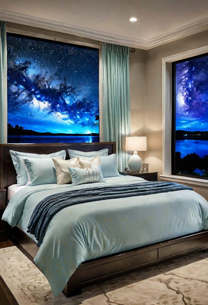 A serene bedroom featuring a beautifully made luxury bed with flowing water bedding that glistens as if infused with light. Soft, dreamy colors dominate the scene, with plush pillows and a tranquil atmosphere. A window reveals a peaceful night sky with stars twinkling softly, creating an inviting ambiance for restful sleep. Pocketed with gentle waves on the bedding, the image embodies comfort and bliss. super-realistic. vibrant colors. soft lighting.